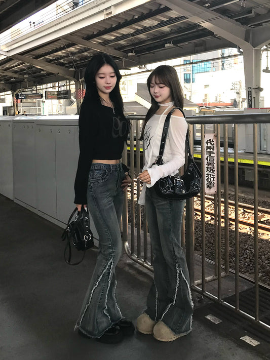 フリンジデザインフレアデニムパンツ