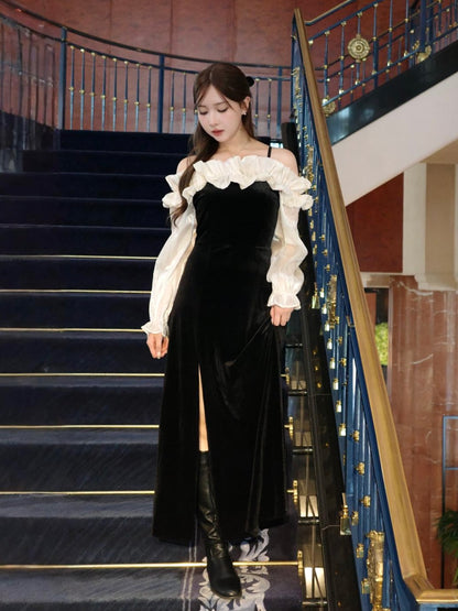 オフショルダーフリルベロアワンピース