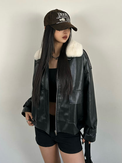 Faux Fur Color Leather Touch Jacket