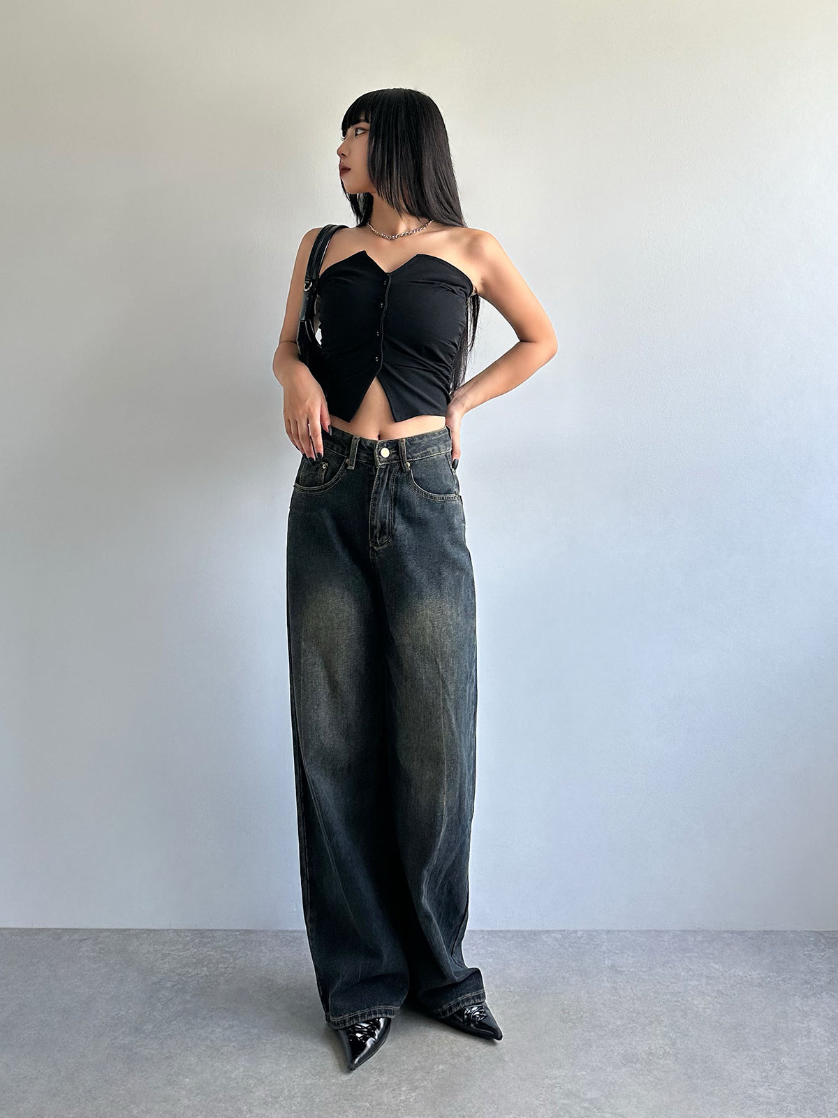 High waist washed denim pants