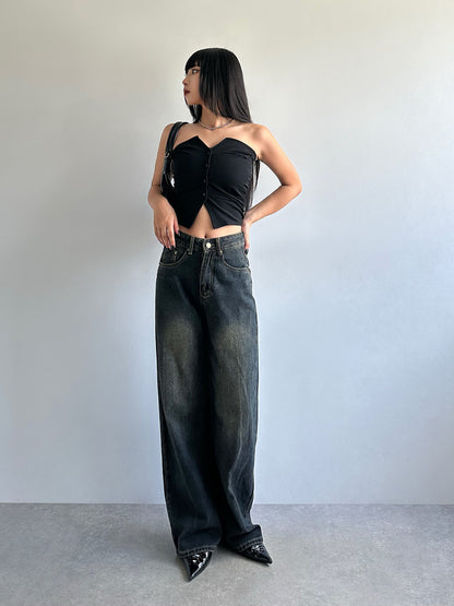 High waist washed denim pants