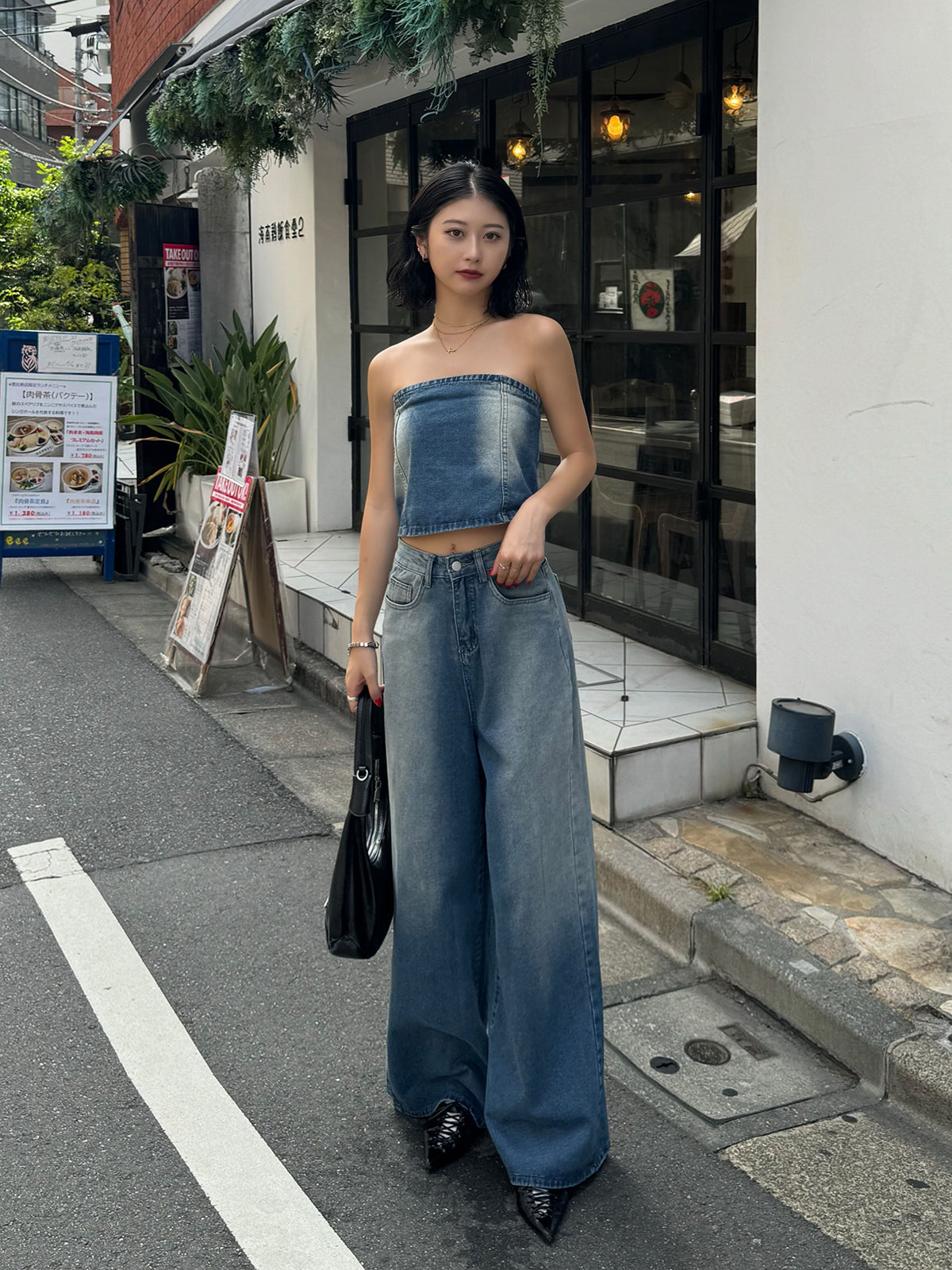 Strapless washed denim set