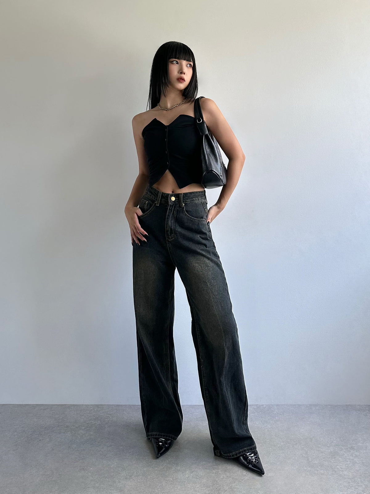 High waist washed denim pants