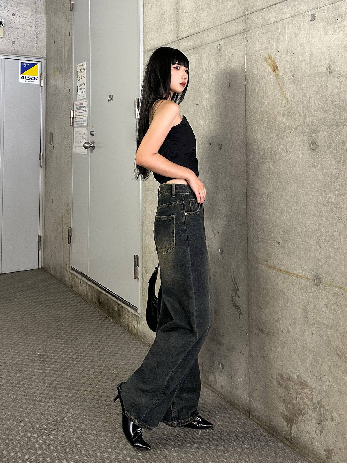 High waist washed denim pants