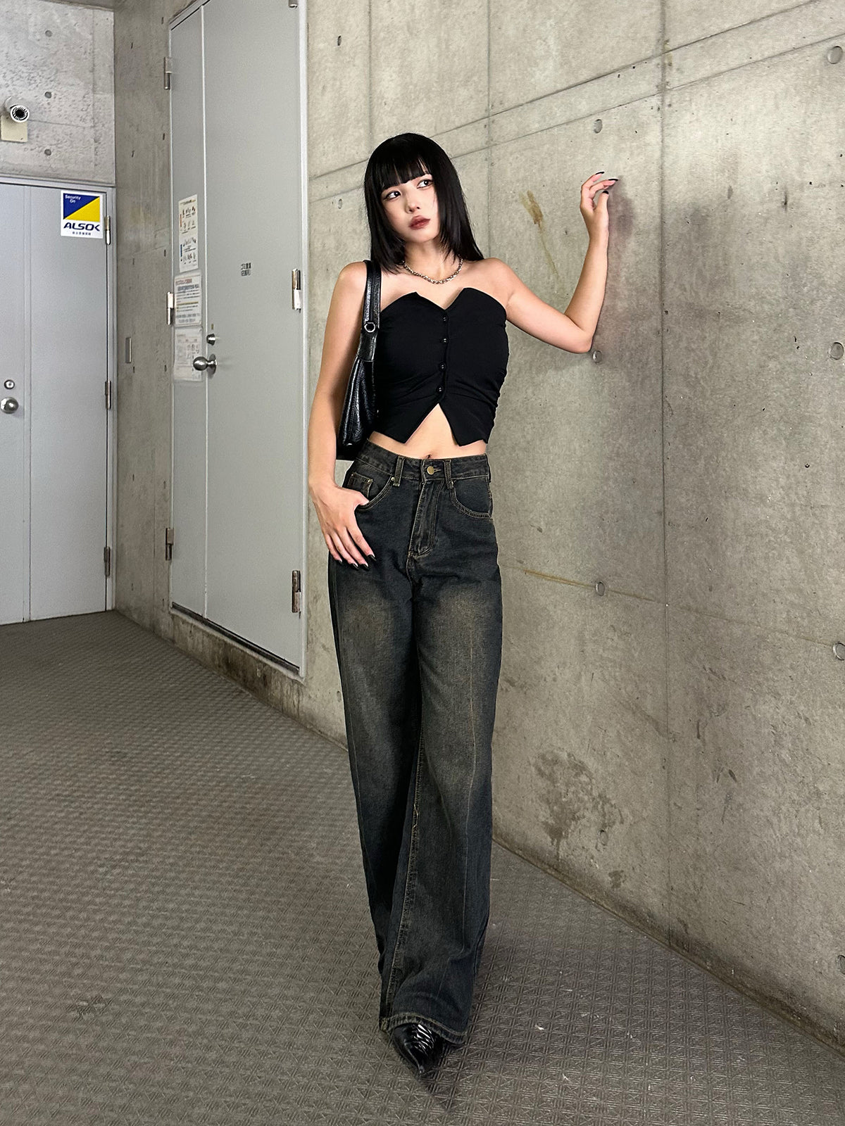 High waist washed denim pants