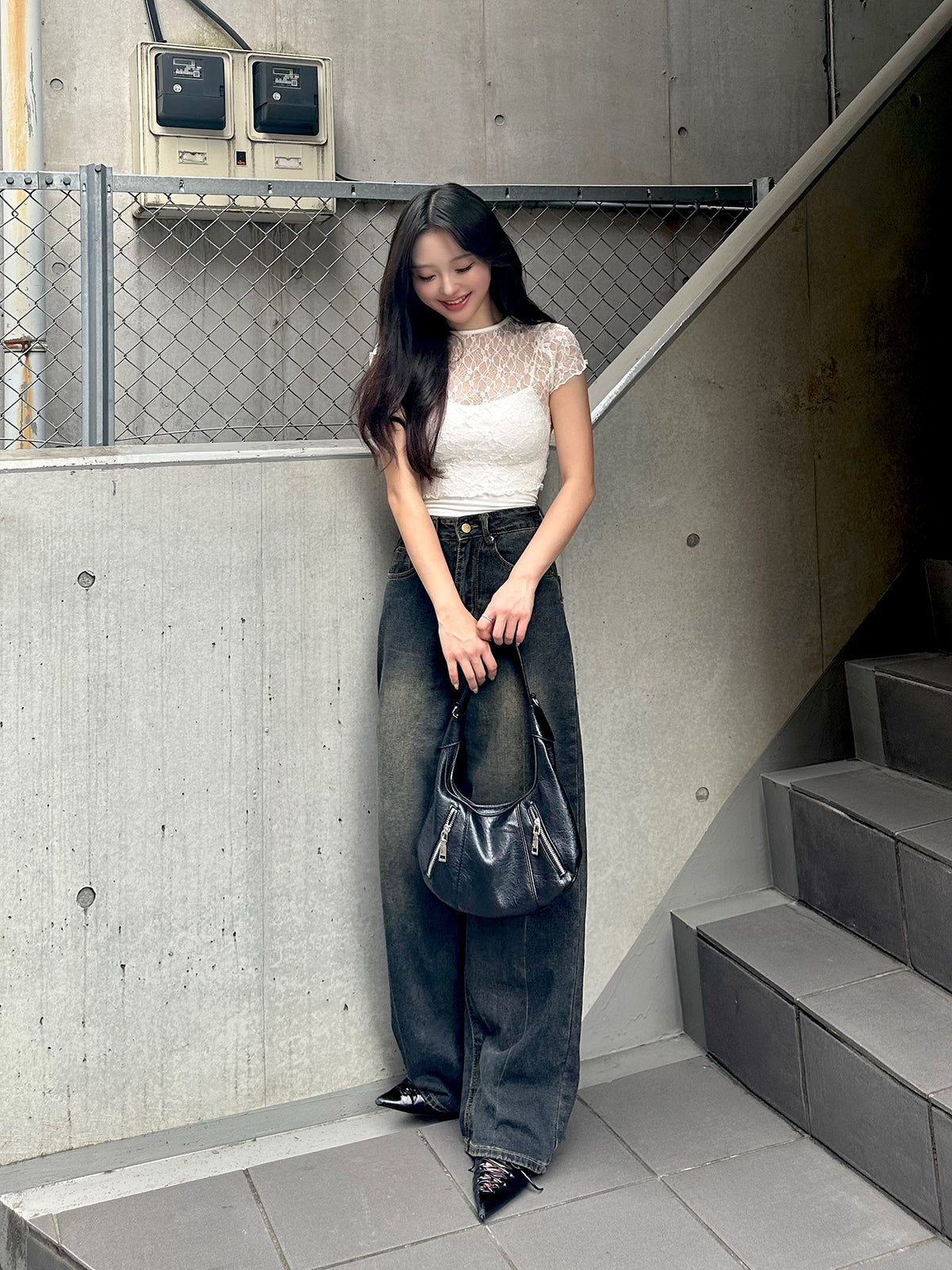 High waist washed denim pants
