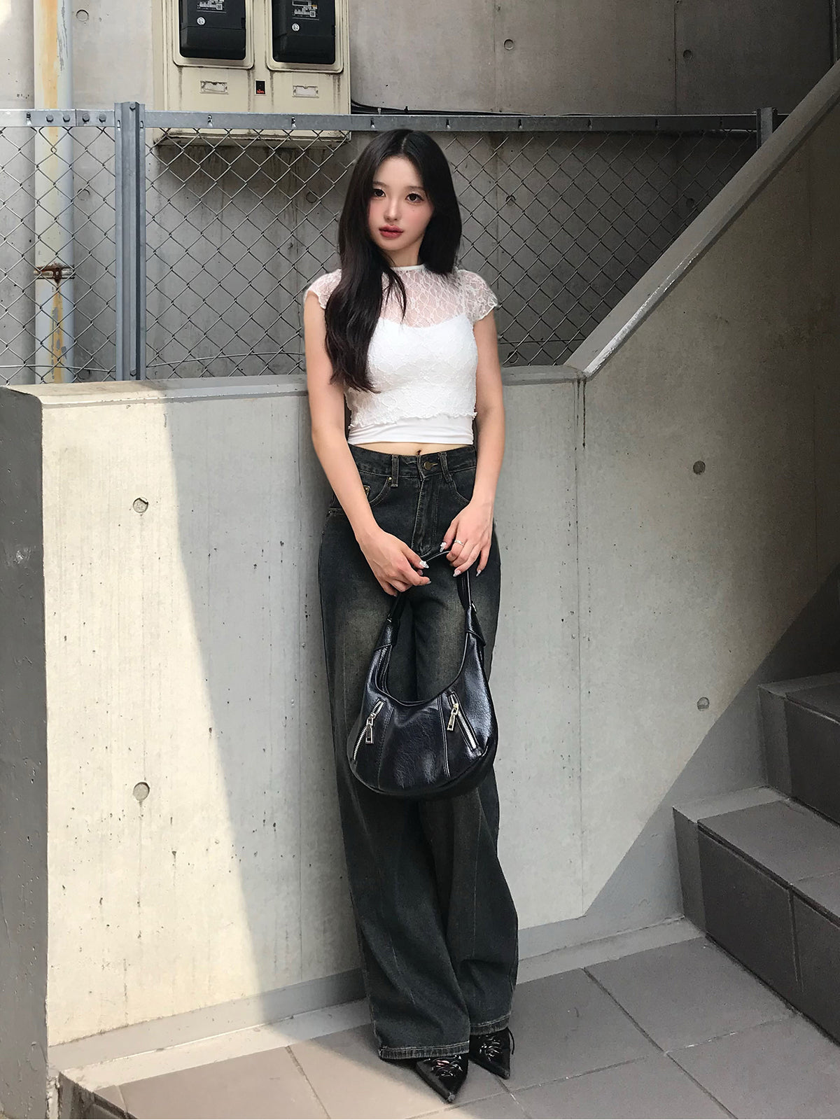 High waist washed denim pants