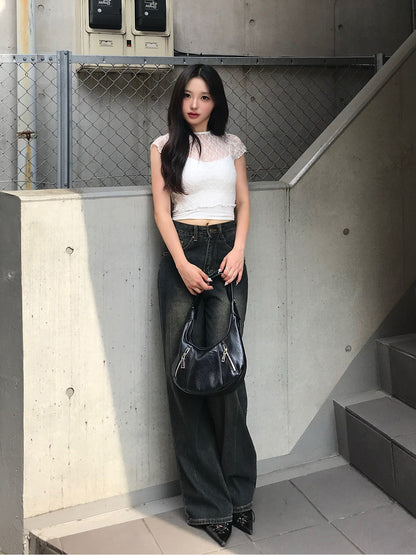 High waist washed denim pants