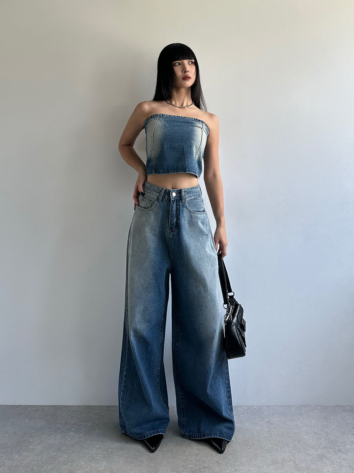 Strapless washed denim set