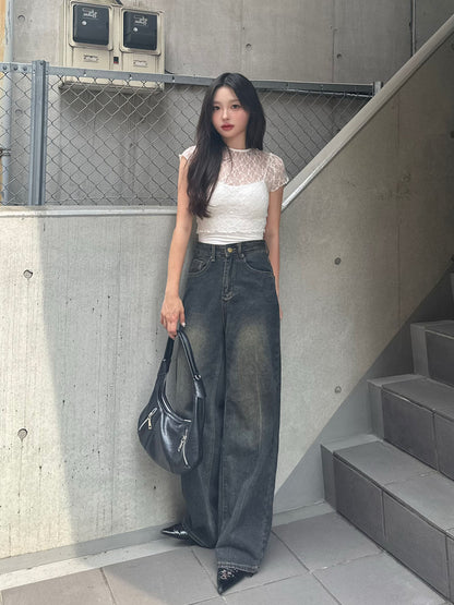 Cropped sheer lace top