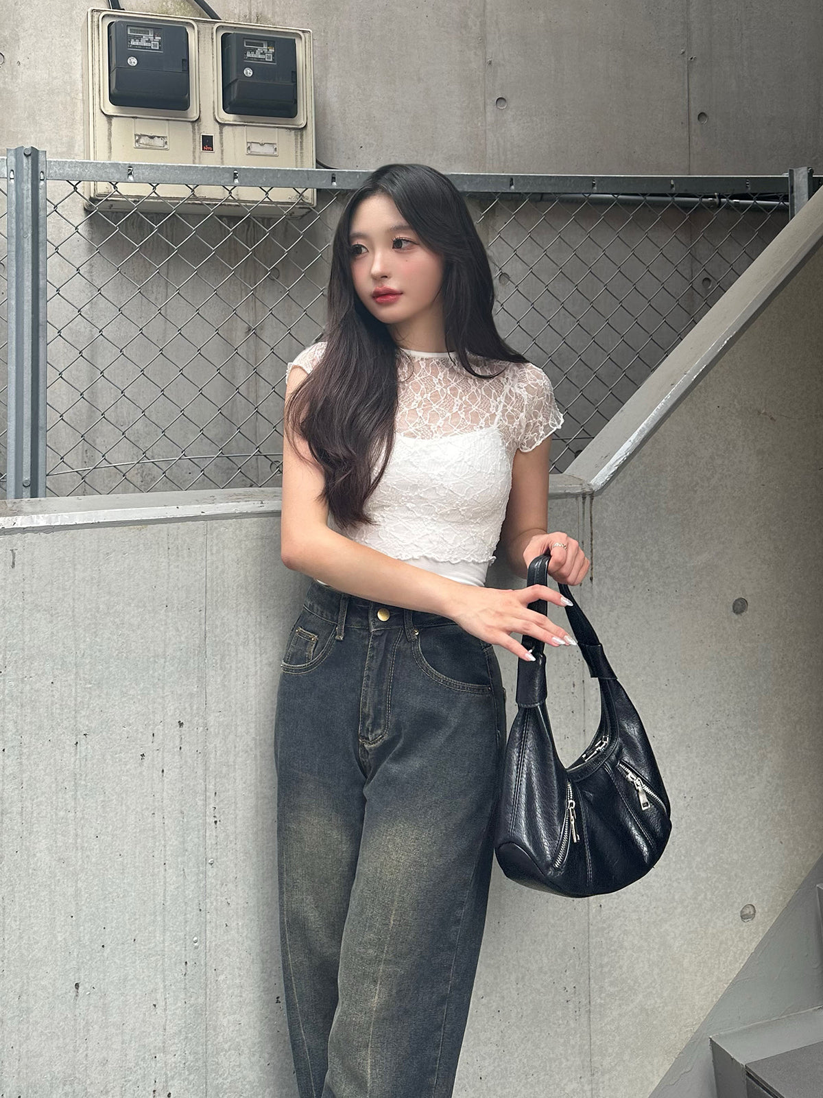 Cropped sheer lace top