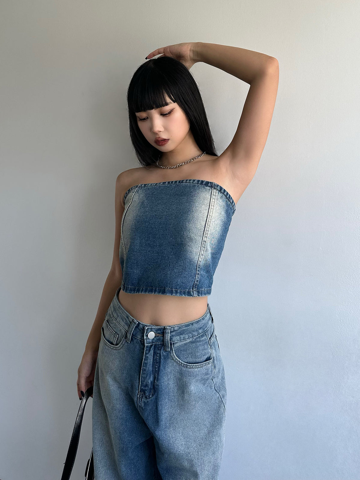Strapless washed denim set