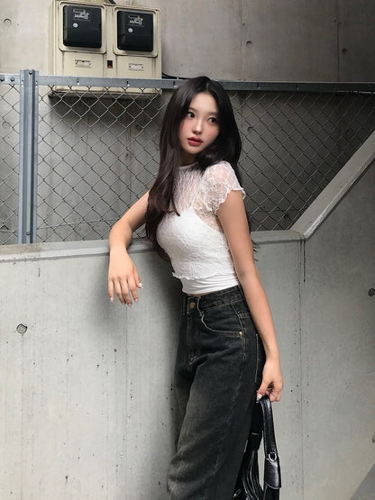 Cropped sheer lace top