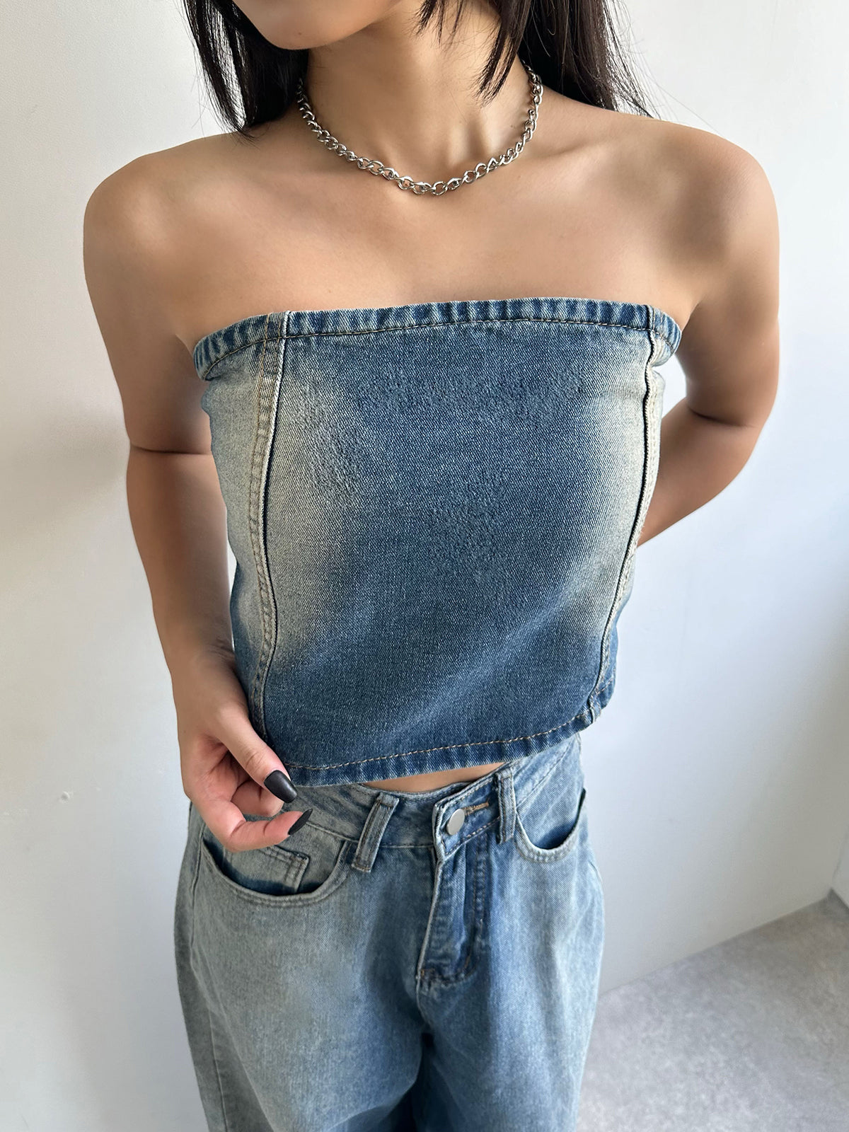 Strapless washed denim set