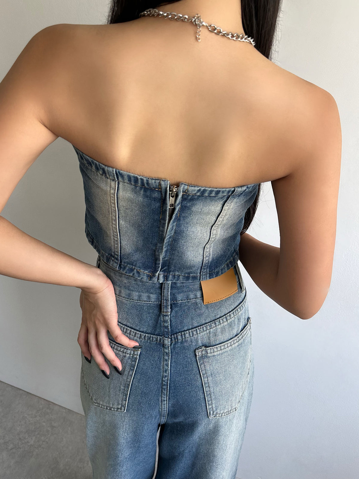 Strapless washed denim set