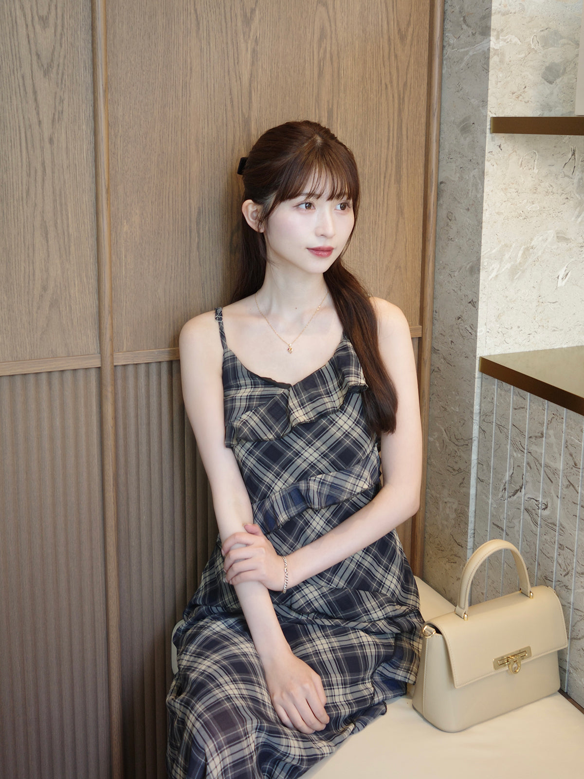 フリルチェックキャミロングワンピース