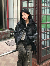 レザータッチパデッドショートブルゾン - ブラック