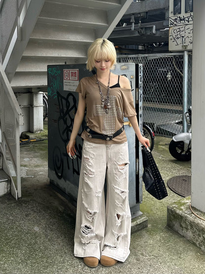 ハイダメージグレーワイドデニムパンツ