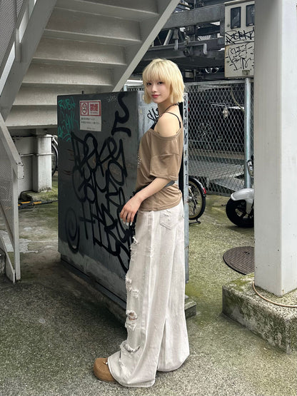 ハイダメージグレーワイドデニムパンツ