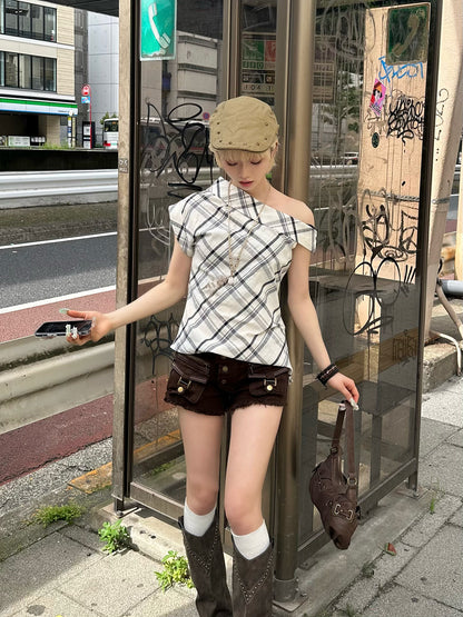 ワンショルアシメチェックカットソー