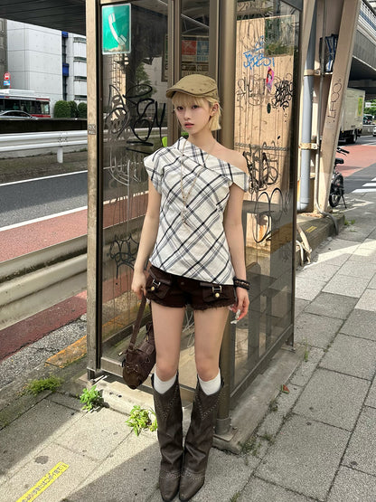 ワンショルアシメチェックカットソー