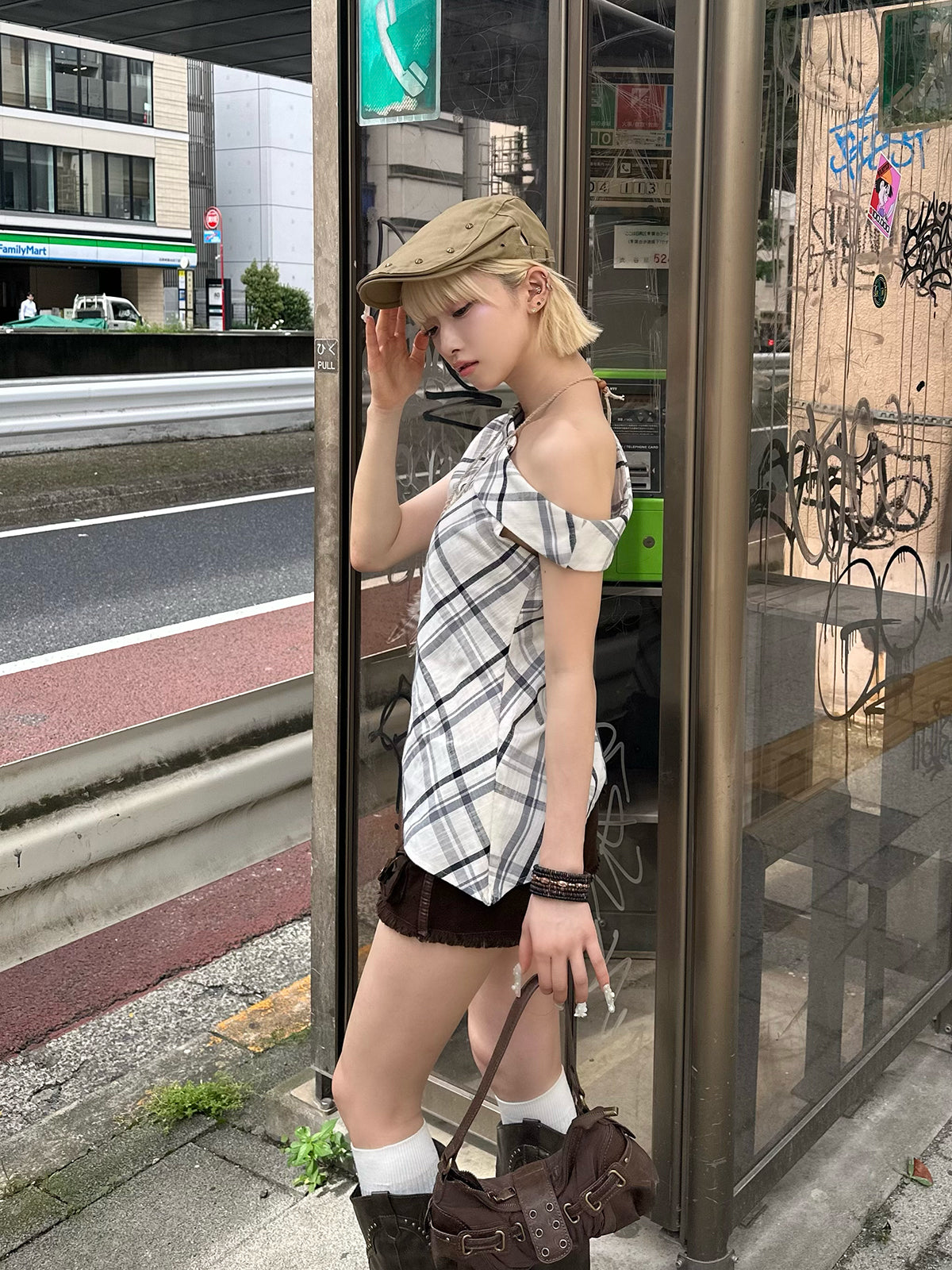 ワンショルアシメチェックカットソー