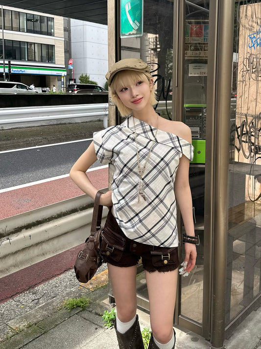 ワンショルアシメチェックカットソー