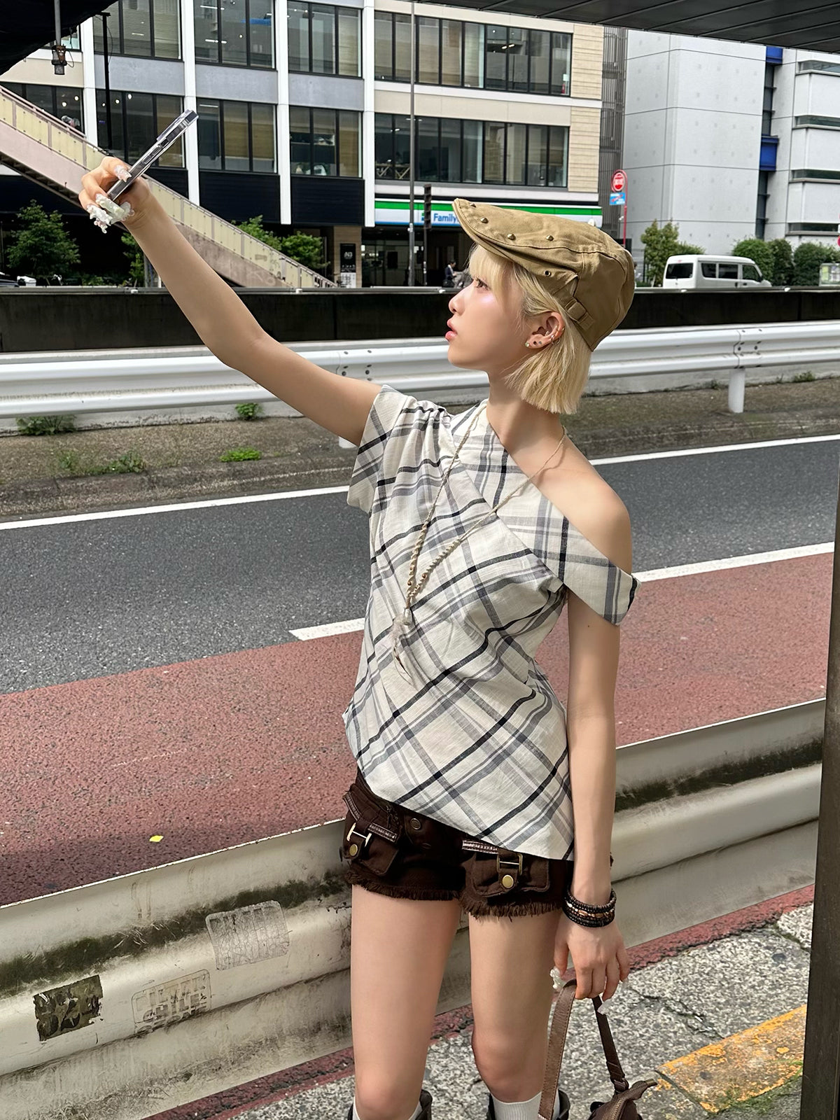 ワンショルアシメチェックカットソー
