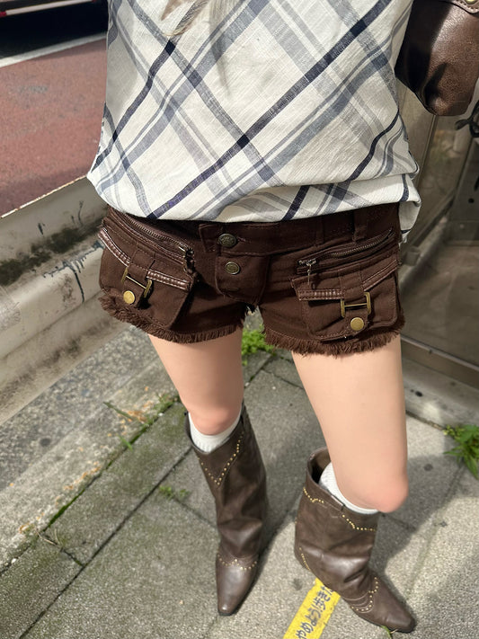 フリンジポケットデニムショートパンツ