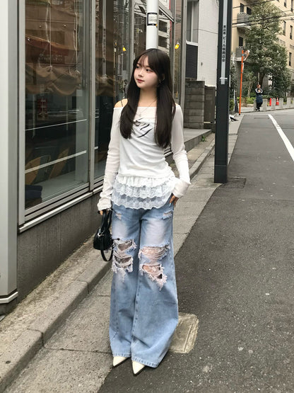 层叠蕾丝破损牛仔裤