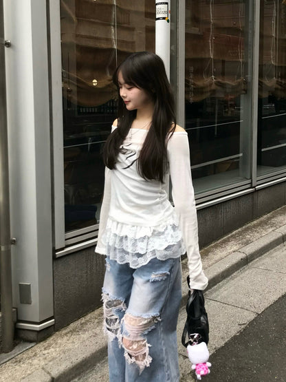 层叠蕾丝破损牛仔裤
