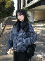 チェックパデッドボリュームブルゾン - ネイビー