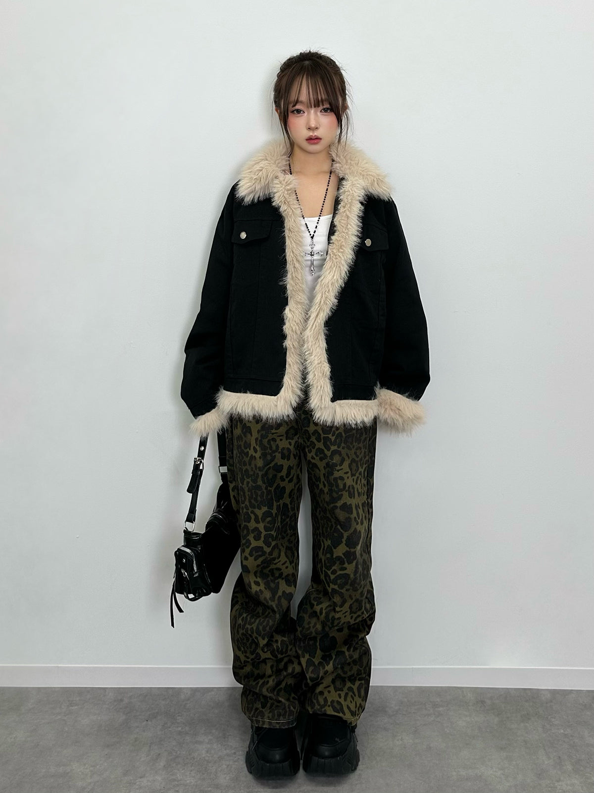 レオパードワイドストレートデニムパンツ