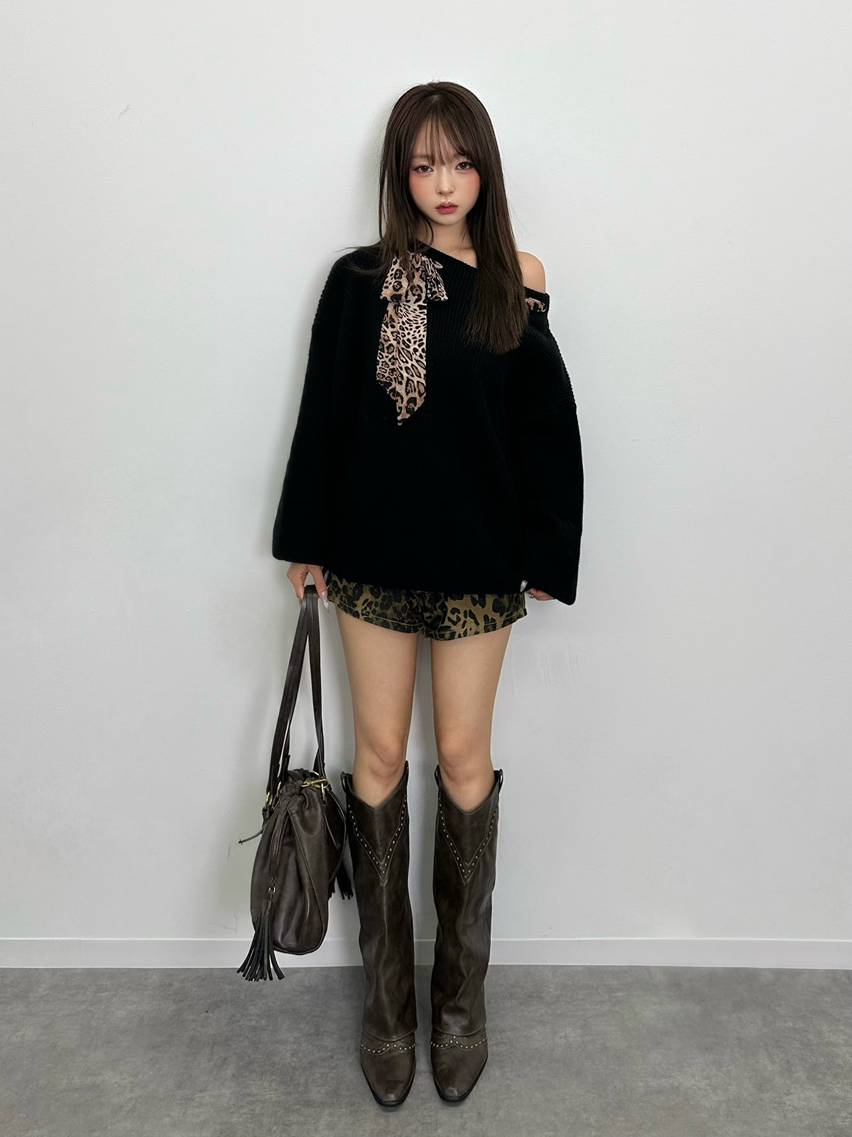 レオパードスカーフワンショルニット