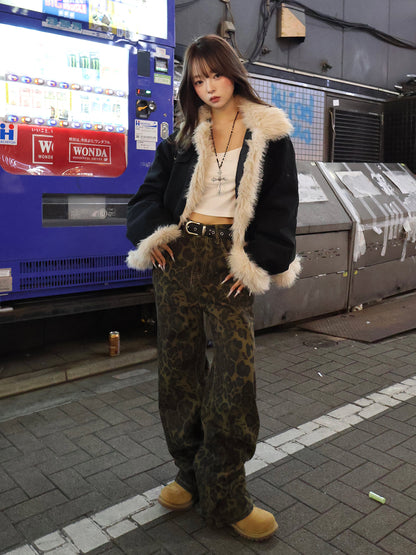 レオパードワイドストレートデニムパンツ