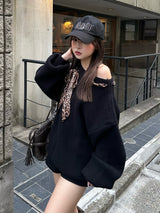 レオパードスカーフワンショルニット - ブラック