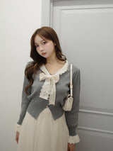 レースリボンボウタイニットカーディガン - グレー