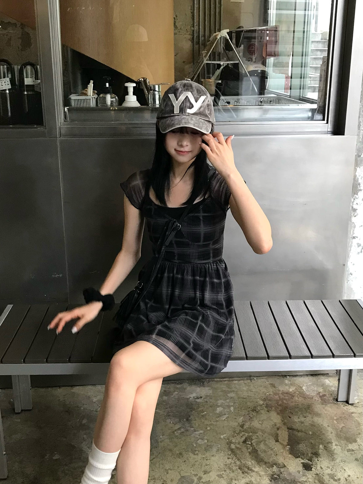 シアースリーブチェックミニワンピース