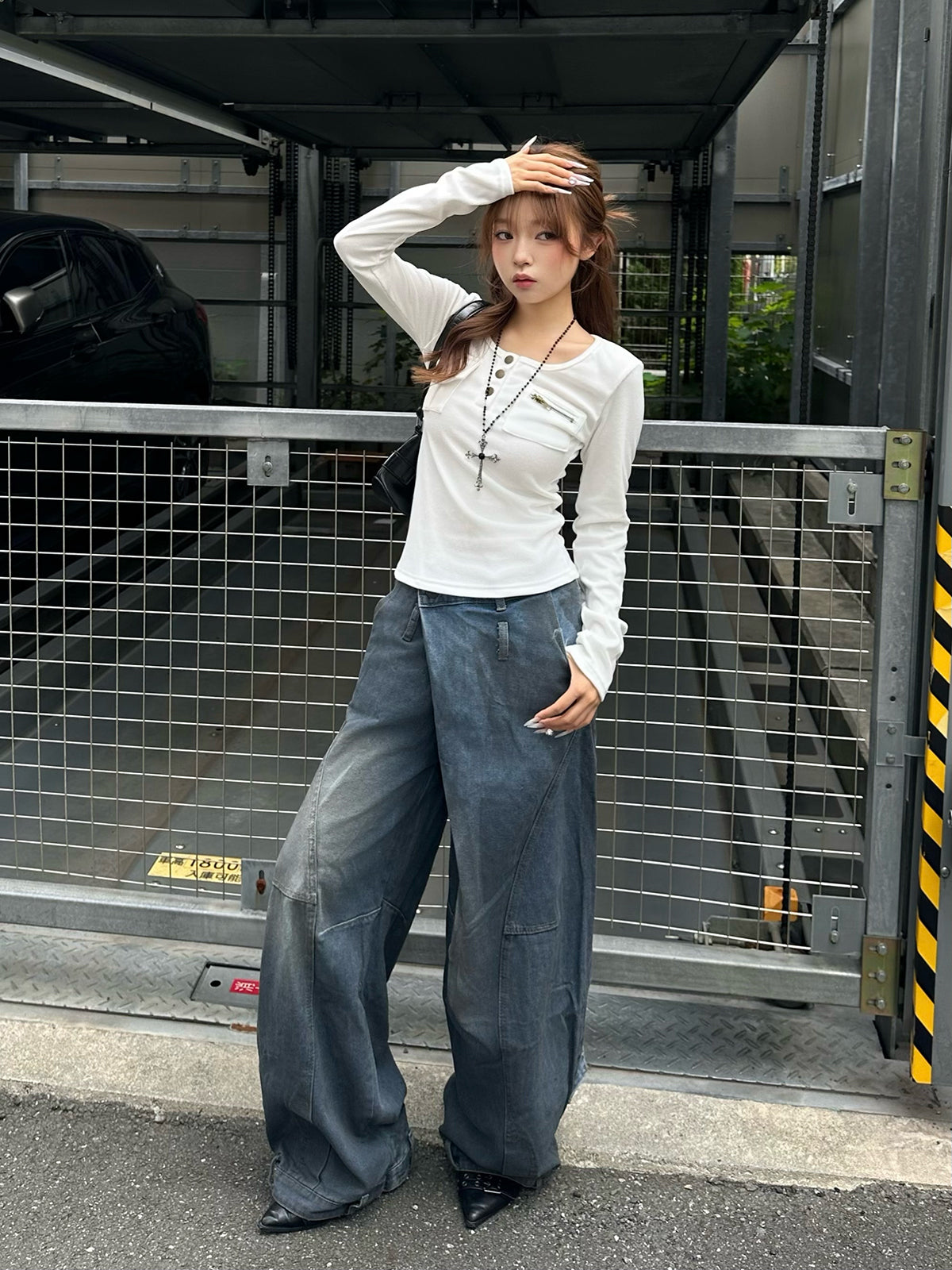 クロスウエストワイドカーブデニムパンツ