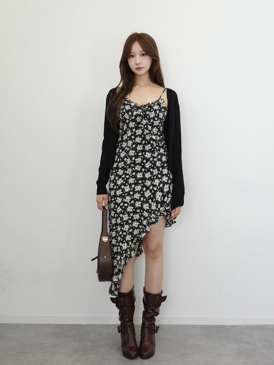 不对称花朵吊带连衣裙套装