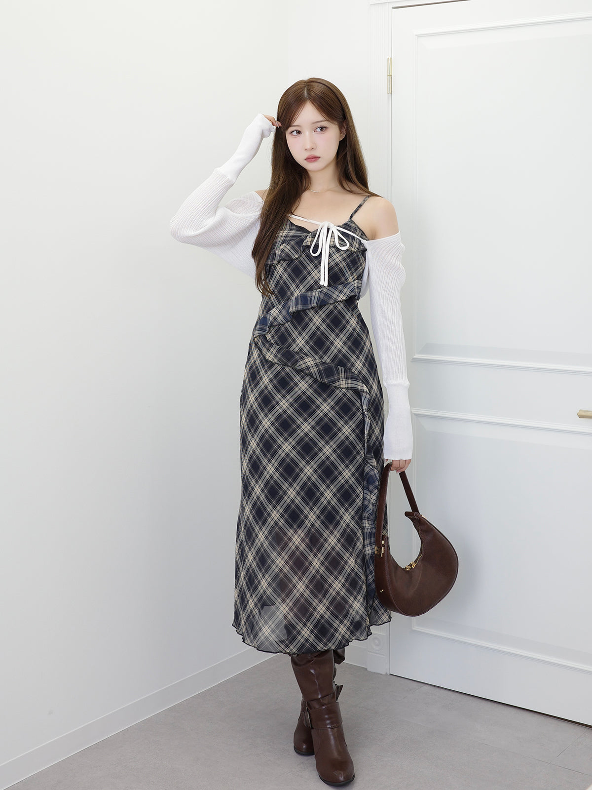 フリルチェックキャミロングワンピース