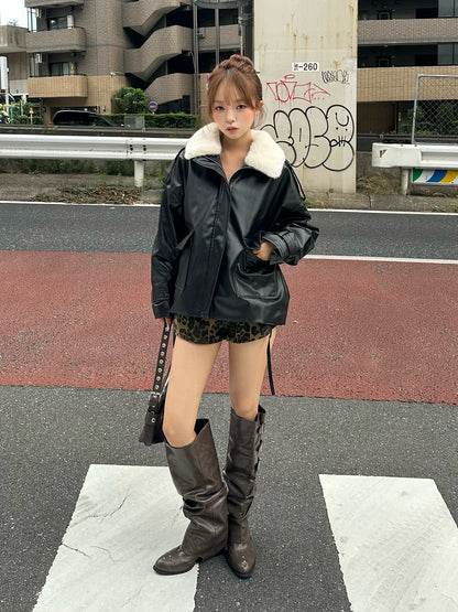 ファーライクカラーレザータッチジャケット