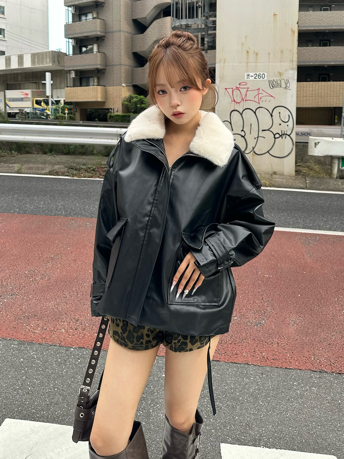 ファーライクカラーレザータッチジャケット