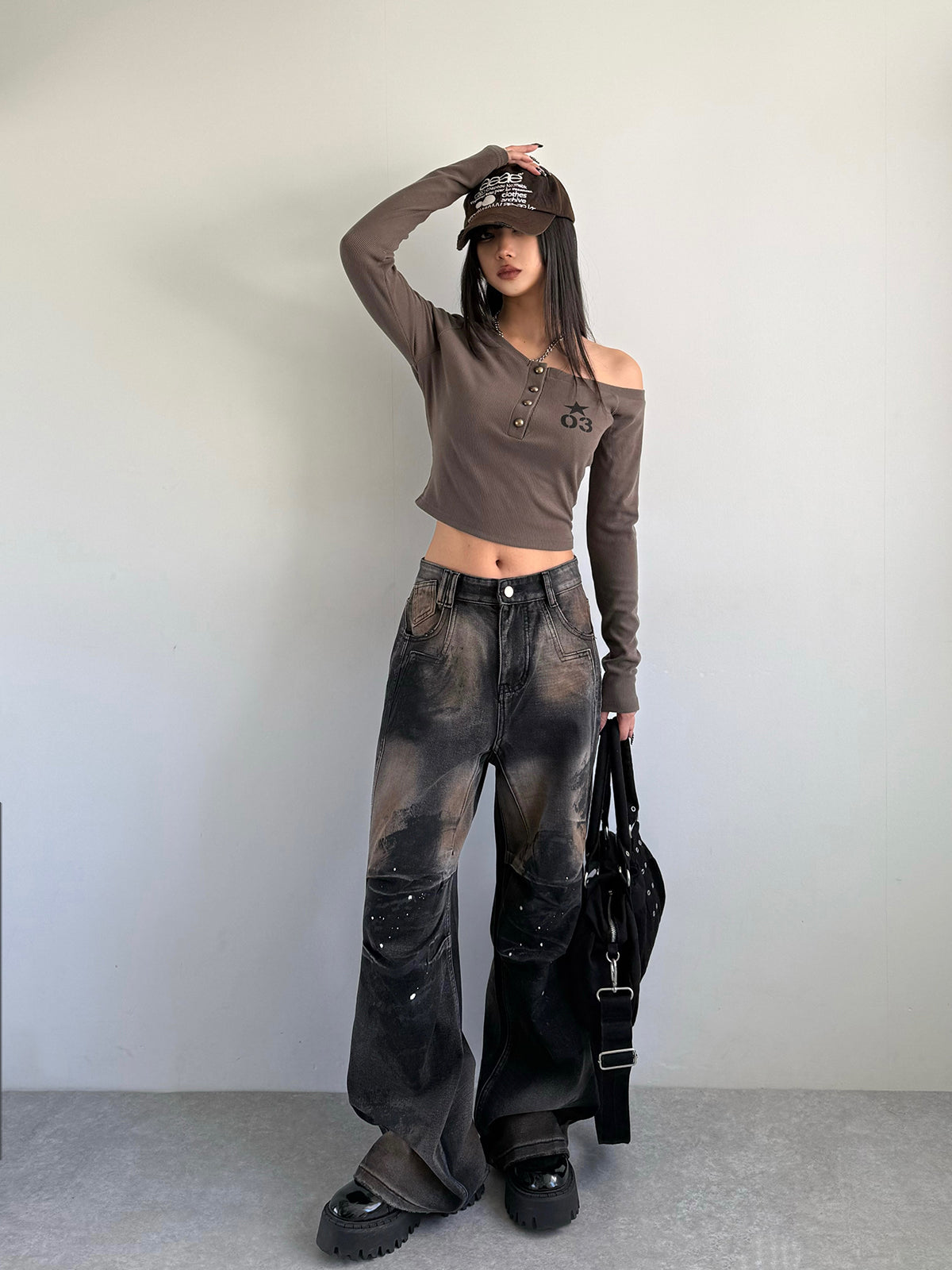 Henry Neck Cropped One-Shoulder Cut and Sew