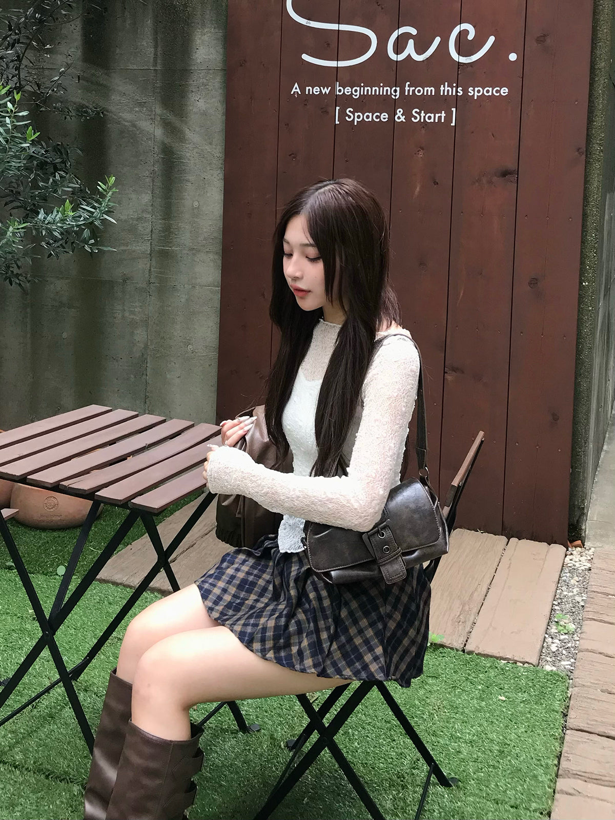 复古格子褶皱迷你裙裤