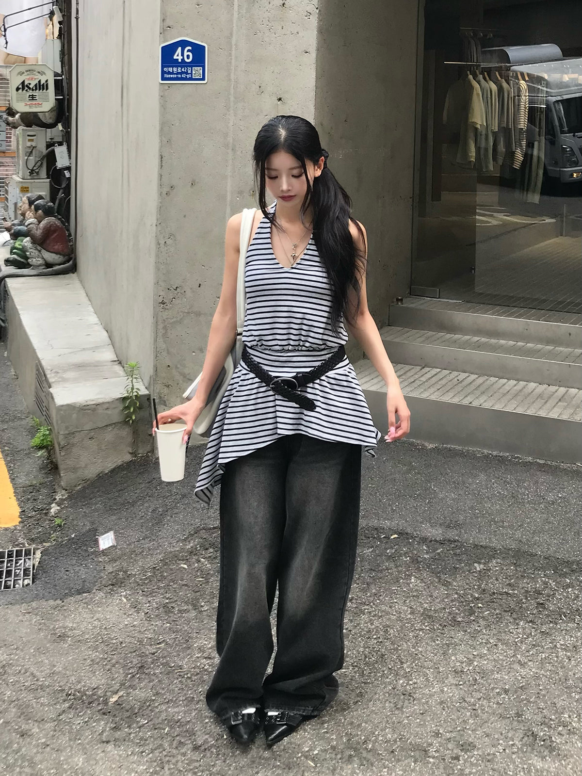 アシメヘムボーダーホルターカットソー