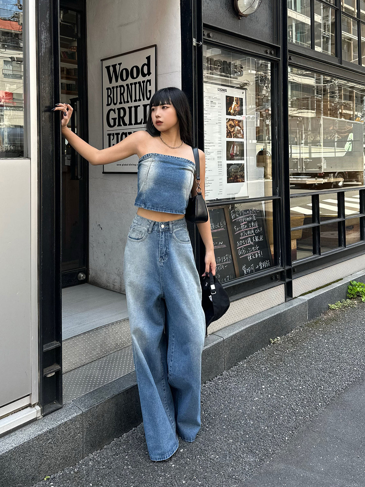 Strapless washed denim set