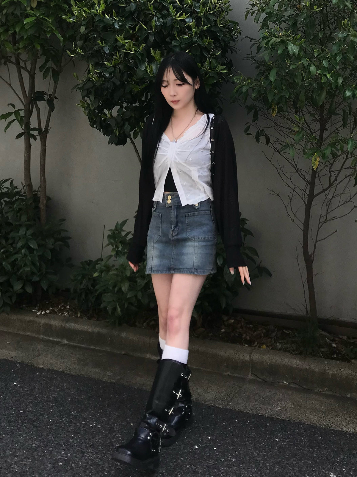 雙排扣牛仔迷你裙