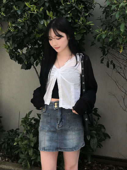 雙排扣牛仔迷你裙