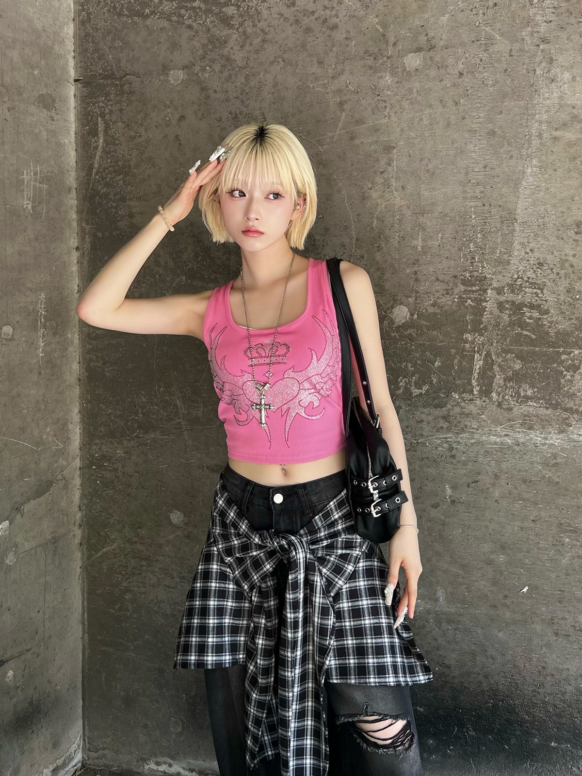ラインストーンリブタンクトップ